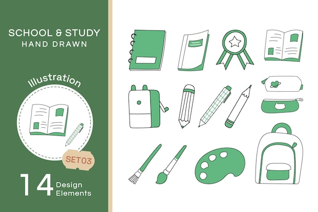 Vector plano dibujado a mano Escuela y Estudio Set3