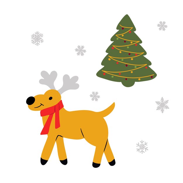 Vector plano dibujado a mano renos y árbol de Navidad personaje tradicional de Navidad Papá Noel