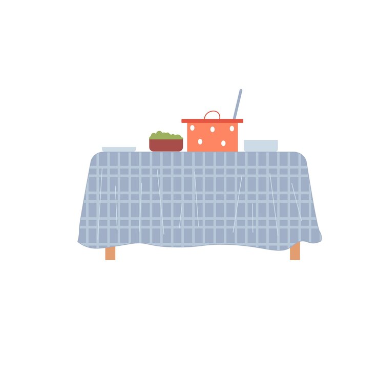 Vector plano de dibujos animados sartén y platos con comida en la mesa aislada sobre fondo vacío: muebles para el hogar moderno, concepto de elementos interiores de electrodomésticos de cocina, diseño de anuncios de banner de sitio web