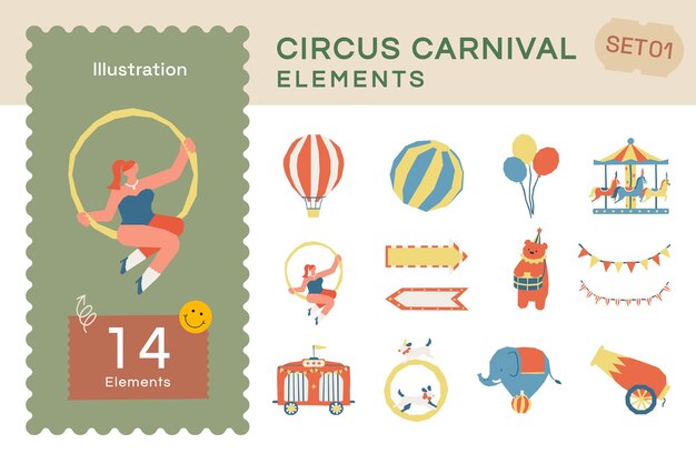 Vector vector plano elementos del carnaval del circo conjunto 01