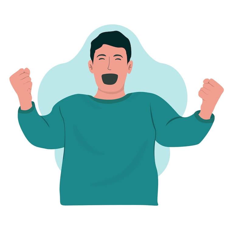 Vector vector plano emocionado hombre alegre levantando el puño manos celebrando el éxito victoria ganador feliz