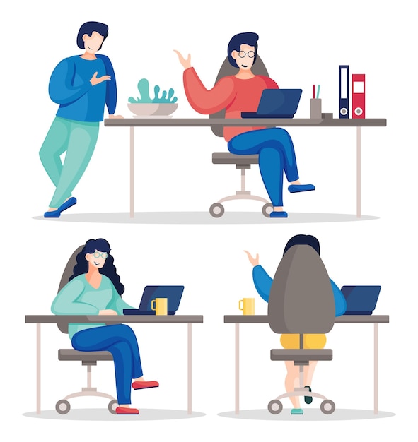 Vector plano de gente de negocios ocupada que trabaja en la oficina Colegas que se comunican durante el trabajo Proyecto de análisis del equipo de negocios y estrategia de planificación Lluvia de ideas de trabajo en equipo Lugar de trabajo de trabajo en equipo