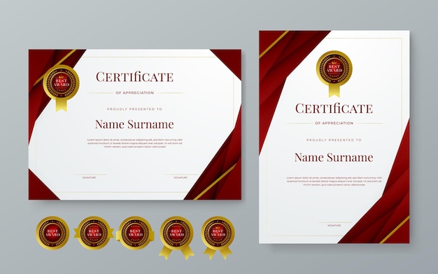 Vector plano y gradiente rojo, blanco y dorado Moderno modelo de certificado para empresas o premios Para reconocimiento premios de logros diploma corporativo y educación