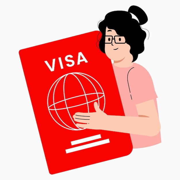 Vector vector plano ilustración de una chica con un pasaporte visado