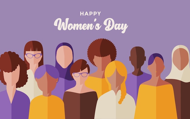 Vector vector plano de mujeres de diferentes etnias, celebrando el día internacional de la mujer.