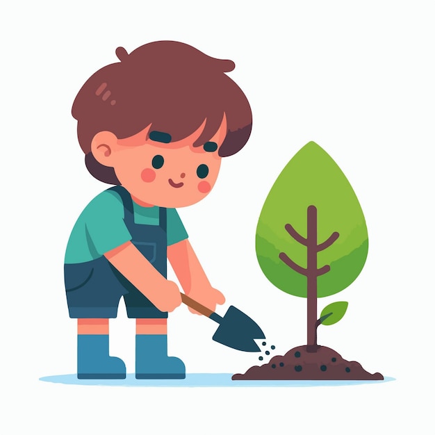 Vector plano niño pequeño plantando un árbol ilustración