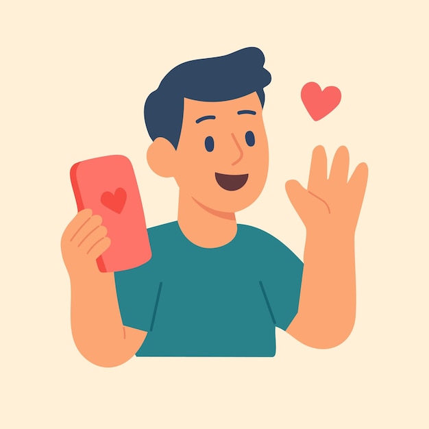 Vector plano de niño sonriente sosteniendo el teléfono y agitando simbolizando la conexión de amor y los mensajes en línea