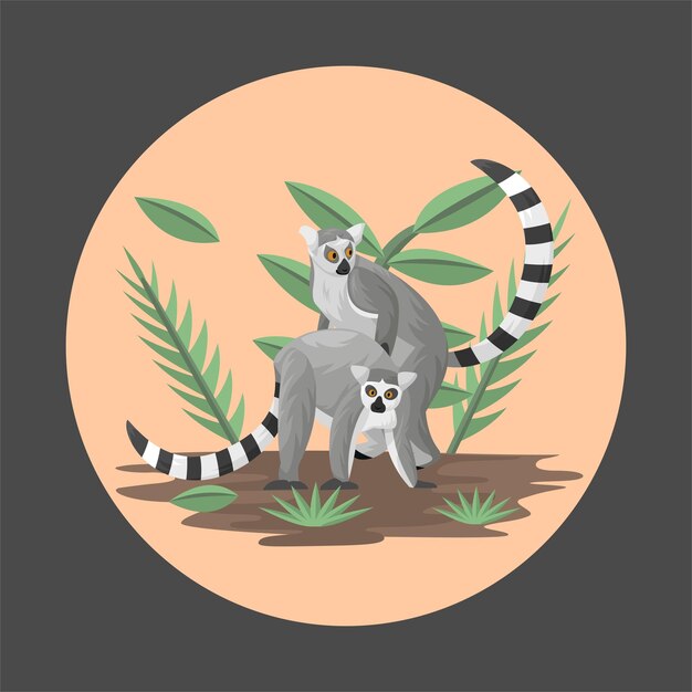 Vector plano de pareja de animales lémur colorido con elementos de fondo de la naturaleza