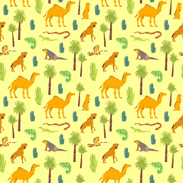 Vector plano de patrones sin fisuras con animales del desierto dibujados a mano, reptiles, cactus, palmeras aisladas sobre fondo amarillo. Bueno para empaquetar papel, tarjetas, fondos de pantalla, etiquetas de regalo, decoración de guardería, etc.