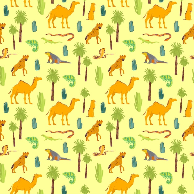 Vector plano de patrones sin fisuras con animales del desierto dibujados a mano, reptiles, cactus, palmeras aisladas sobre fondo amarillo. bueno para empaquetar papel, tarjetas, fondos de pantalla, etiquetas de regalo, decoración de guardería, etc.