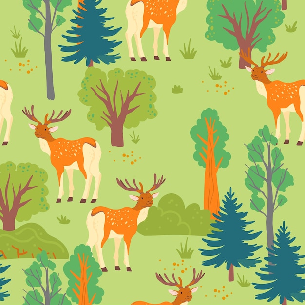 Vector plano de patrones sin fisuras con bosque salvaje: árboles, arbustos y ciervos animal aislado sobre fondo verde. Bueno para empaquetar papel, tarjetas, fondos de pantalla, etiquetas de regalo, decoración de guardería, tarjetas, diseño de impresiones, etc.