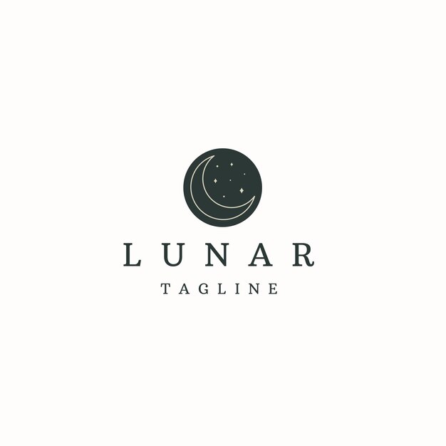 Vector plano de la plantilla del diseño del icono del logotipo del estilo del arte de la línea lunar de la luna creciente