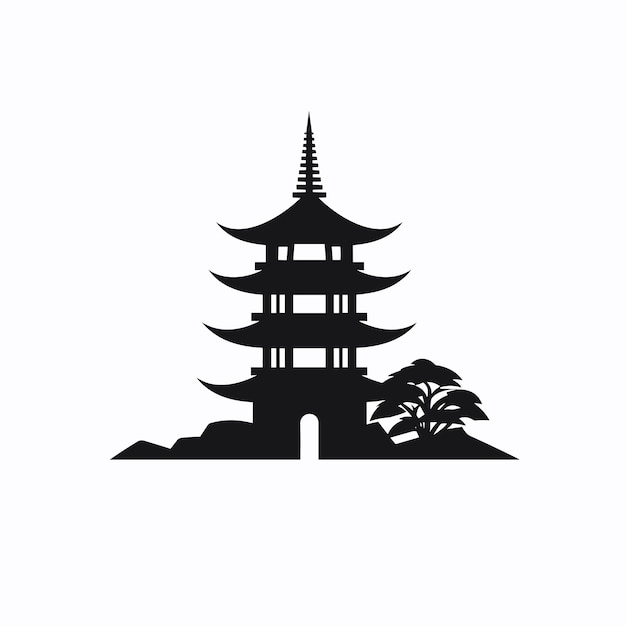 Vector plano de una silueta en blanco y negro de una pagoda en un estilo de vector plano