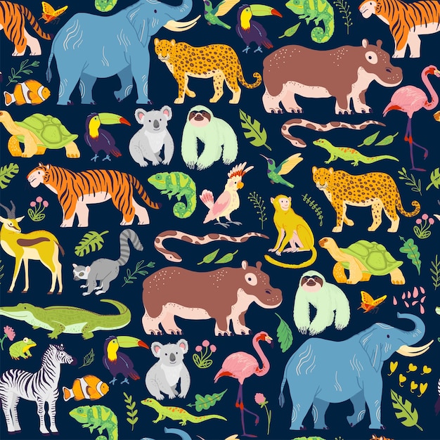 Vector plano tropical de patrones sin fisuras con elementos florales de la selva dibujados a mano, animales, pájaros aislados. Elefante, tigre, cebra. Para embalaje de papel, tarjetas, papeles pintados, etiquetas de regalo, decoración de guardería, etc.