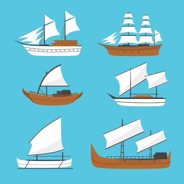 Vector plano velero conjunto de iconos de barco Viejo barco de madera con velas blancas Barco Phinisi Barco Barqque Sadov Barco Patorani Viaje en transporte marítimo barco marino asiático tradicional
