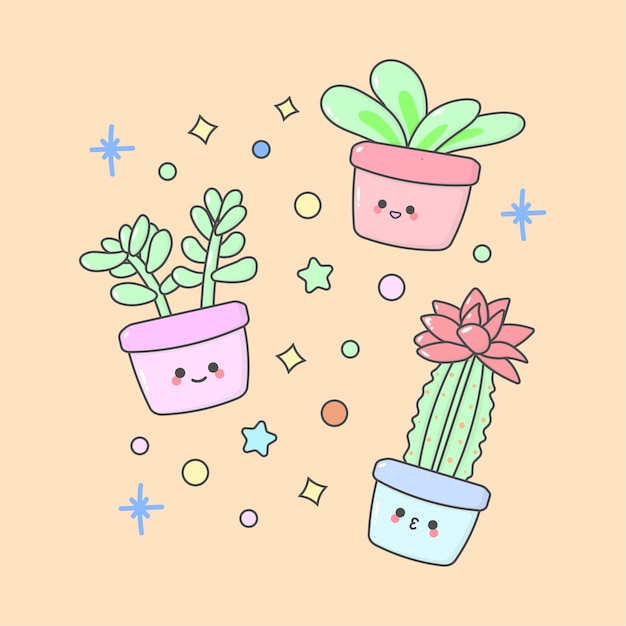 Vector Plant Pot Cactus Houseplant con lindas expresiones faciales y color pastel