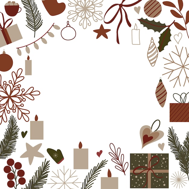 Vector plantilla cuadrada de navidad decoración festiva de año nuevo con vela estrella caja de regalo árbol de navidad juguete plantas de acebo muérdago bayas rojas copos de nieve plantilla para tarjetas e invitaciones