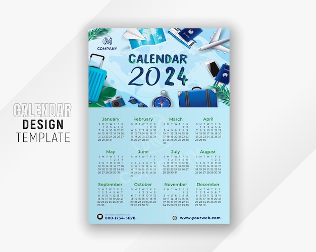 Vector vector plantilla de diseño de calendario de pared o escritorio de empresa de viajes moderna 2024