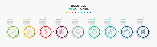 Vector de plantilla de diseño de infografía empresarial con iconos y 9 nueve opciones o pasos