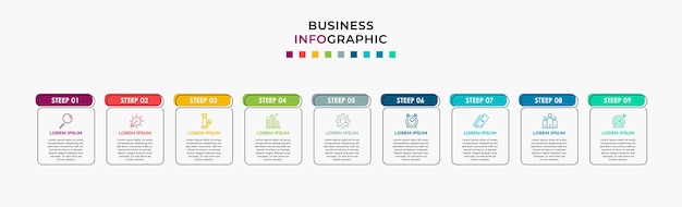 Vector de plantilla de diseño de infografía empresarial con iconos y 9 nueve opciones o pasos