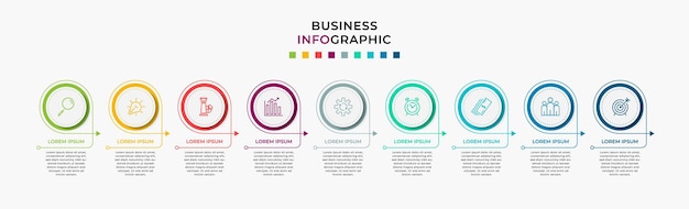 Vector de plantilla de diseño de infografía empresarial con iconos y 9 nueve opciones o pasos