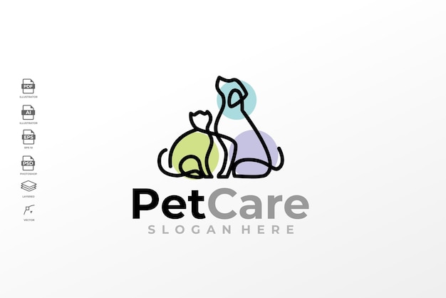 Vector de plantilla de diseño de logotipo de perro gato de cuidado de mascotas de arte de línea simple