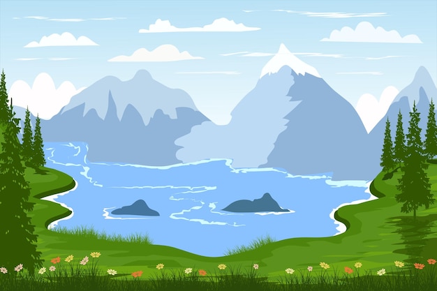 Vector de plantilla de fondo de diseño de paisaje de ilustración plana de escena de naturaleza de lado de río hermoso