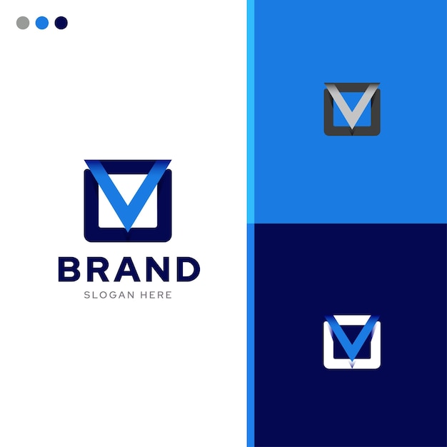 Vector de plantilla de idea de diseño de logotipo de tecnología cuadrada de letra inicial VM MV con combinación tricolor azul