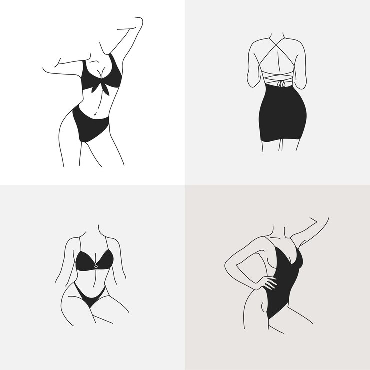 Vector plantilla de ilustración de moda e iconos en estilo lineal - elegante dama sin rostro. Partes del cuerpo de mujer atractiva. Logotipos femeninos para lencería o ropa.