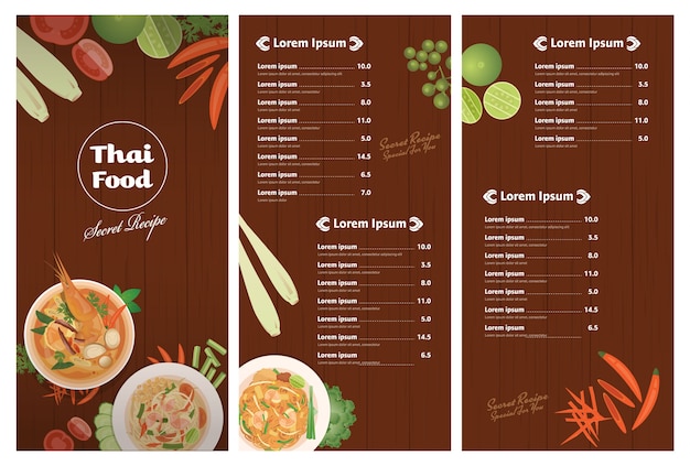 Vector vector de la plantilla de menú de restaurante de comidas tailandesas