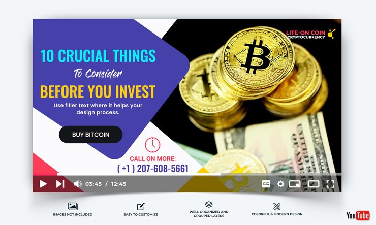 Vector vector de plantilla de miniatura de youtube de moneda criptográfica premium