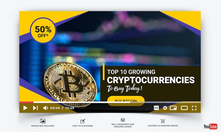 Vector vector de plantilla de miniatura de youtube de moneda criptográfica premium