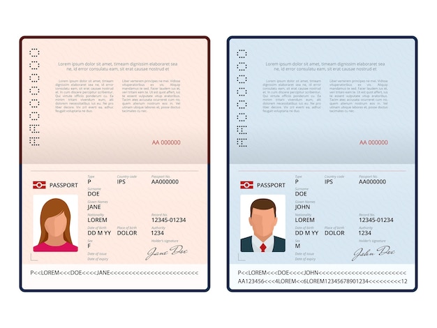 Vector plantilla de pasaporte abierto en blanco. pasaporte internacional con página de datos personales de muestra. documento para viajes e inmigración. ilustración de vector aislado.