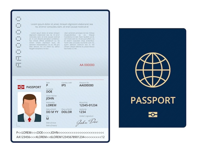 Vector vector plantilla de pasaporte abierto en blanco. pasaporte internacional con página de datos personales de muestra. documento para viajes e inmigración. ilustración de vector aislado.