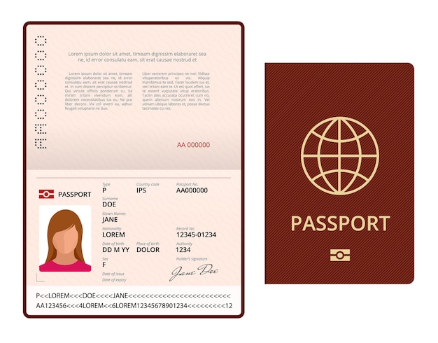 Vector vector plantilla de pasaporte abierto en blanco. pasaporte internacional con página de datos personales de muestra. documento para viajes e inmigración. ilustración de vector aislado.