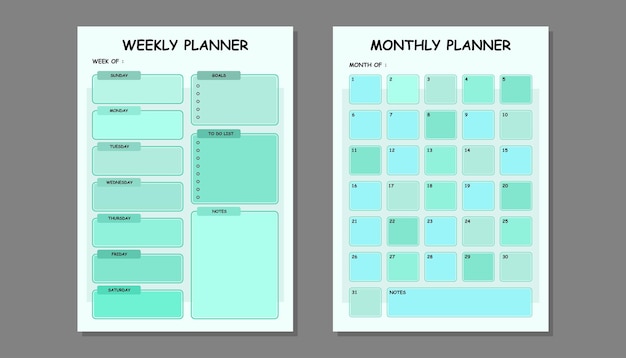 Vector de plantilla de planificador semanal y planificador mensual