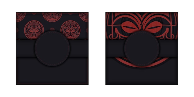 Vector plantilla de vector para diseño de impresión postales colores negro con patrones maoríes de máscara. preparando una invitación con un lugar para su texto y adornos.