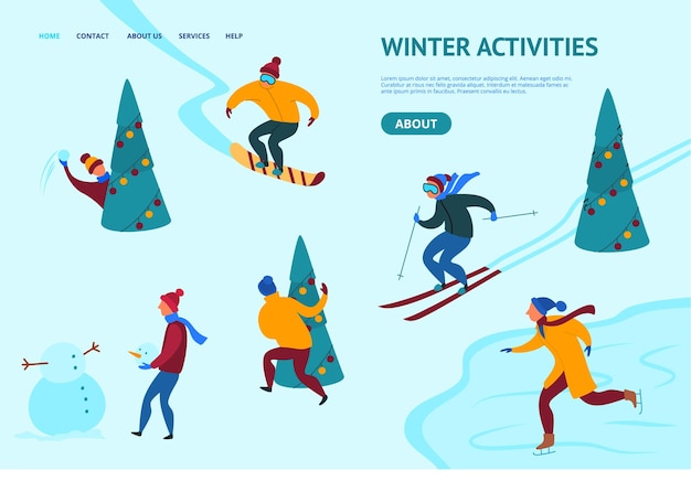 Vector de plantillas de páginas web de cartas de aterrizaje conceptuales de actividades de invierno