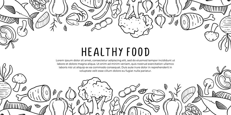 Vector de plantillas de pancartas de alimentos Alimentos saludables Colección de elementos decorativos de Doodle