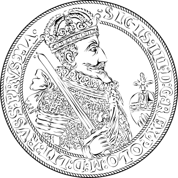 Vector plata corona thaler de sigismund iii vasa anverso con rey blanco y negro