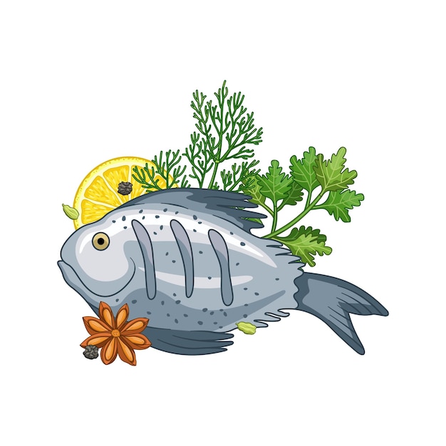 Vector de plato de pescado con hierbas y especias en estilo de dibujos animados. ilustración de comida y comida. aislado en blanco.