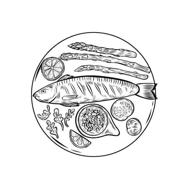 Vector de plato de pescado y verduras dibujado en línea aislado sobre fondo blanco