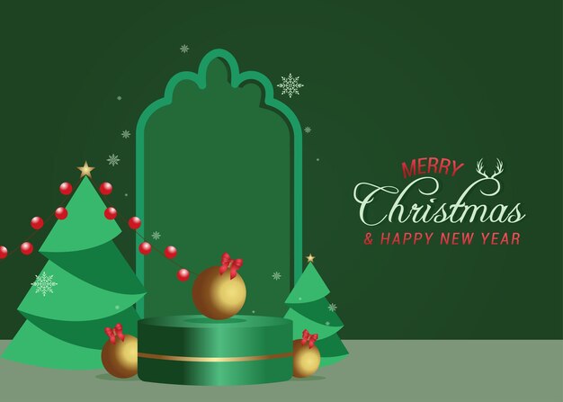 Vector de podio verde navideño con texto de Feliz Navidad adornos de oro y decoración de pino