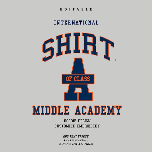 vector premium de efecto de texto editable de la clase de logotipo de estilo universitario para un bordado o impresión con capucha