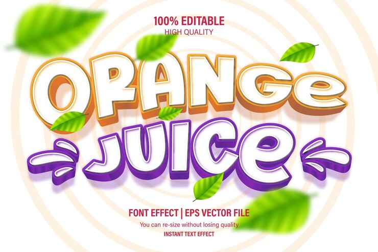 Vector vector premium de estilo de plantilla 3d de jugo de naranja - efecto de texto editable