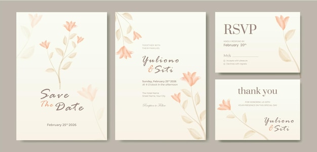 Vector premium de plantilla de invitación de boda de doble cara de acuarela de hermosa flor naranja