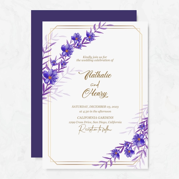 Vector premium Plantilla de invitación de boda con flor de acuarela