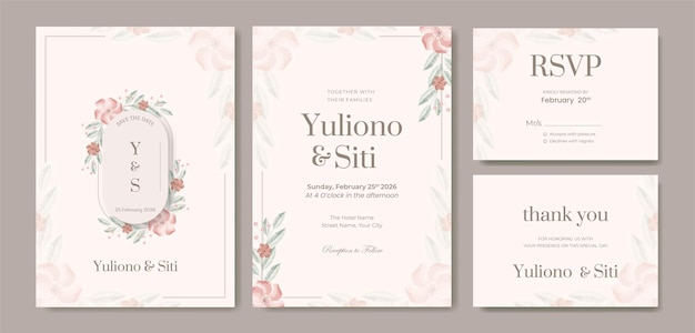 Vector premium de plantilla de invitación de boda floral hermosa acuarela de doble cara