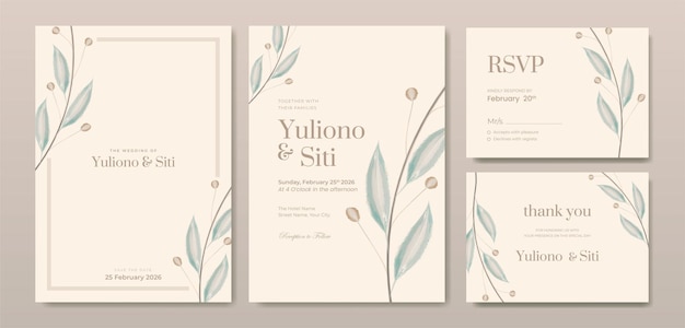 vector premium de plantilla de invitación de boda de hojas de color suave de acuarela hermosa de doble cara