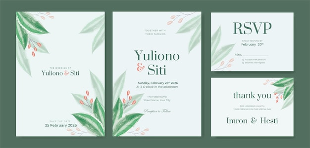 vector premium de plantilla de invitación de boda de hojas verdes de acuarela hermosa de doble cara